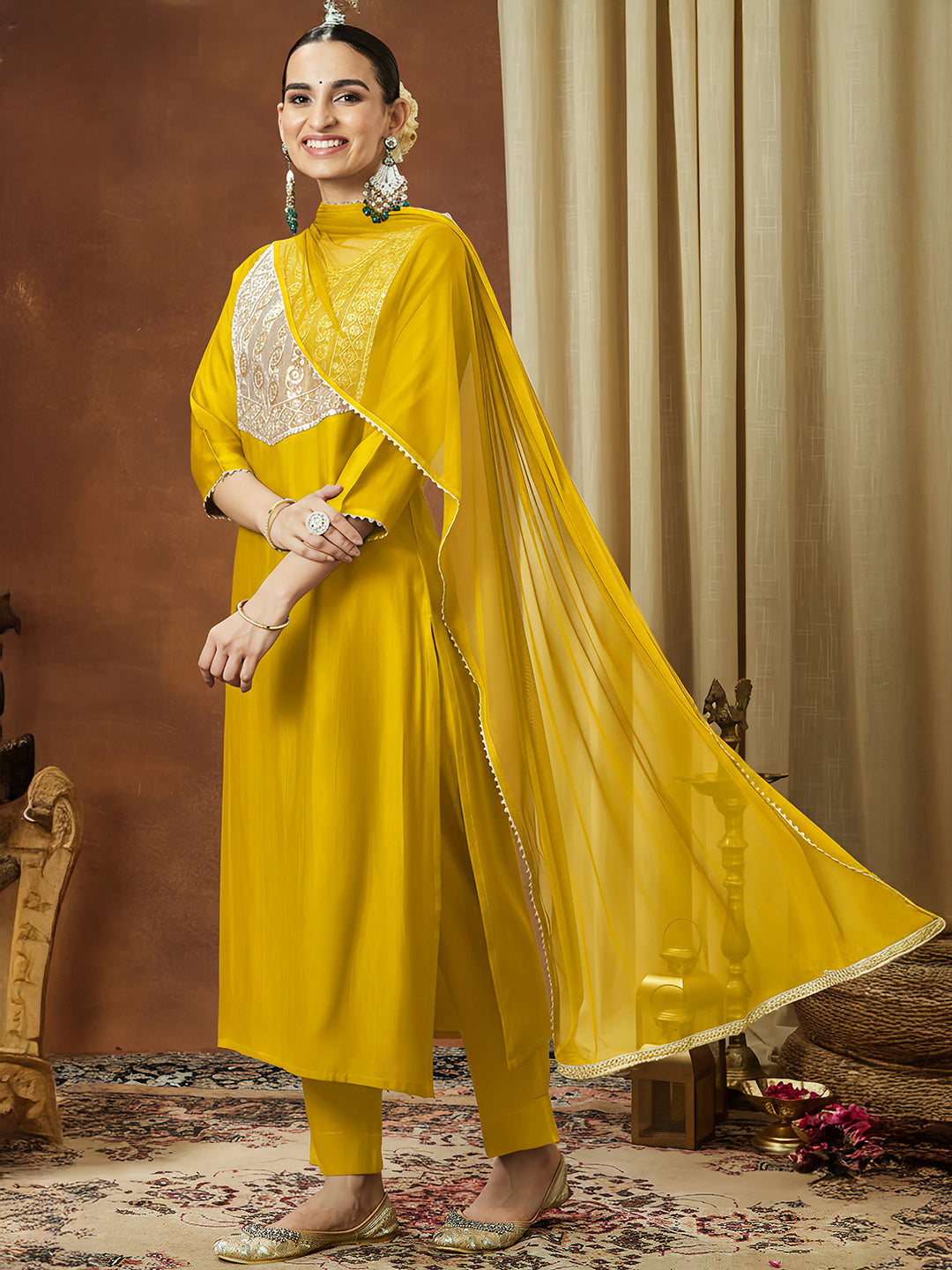 Ninnique Women's Mustard Silk Blend Embellished Straight Kurta Set