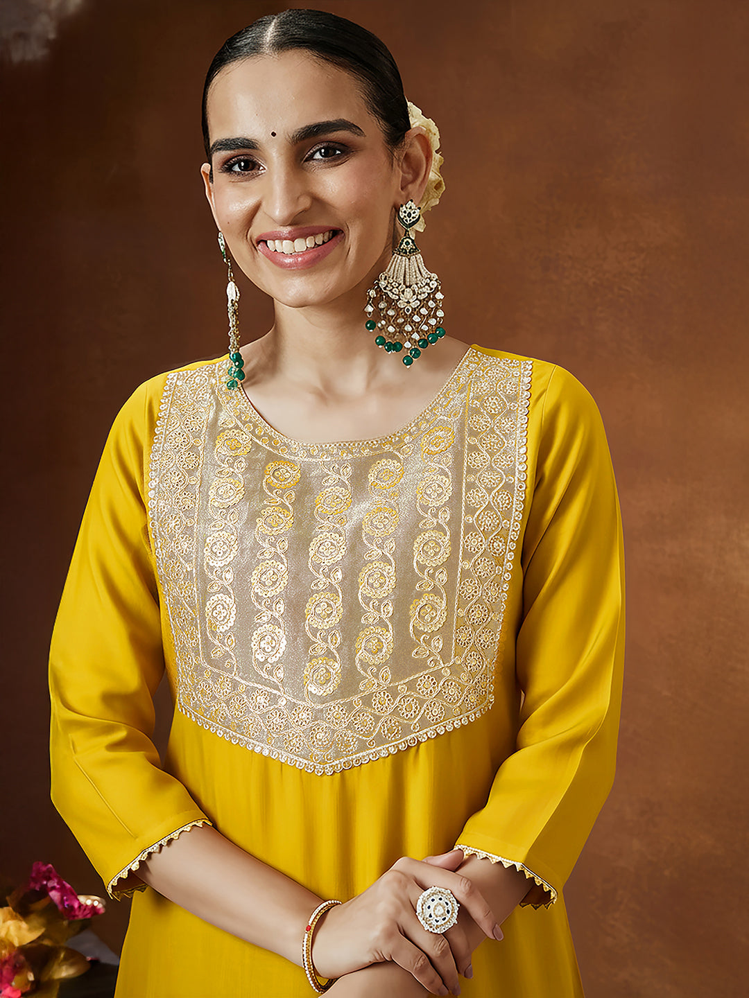 Ninnique Women's Mustard Silk Blend Embellished Straight Kurta Set
