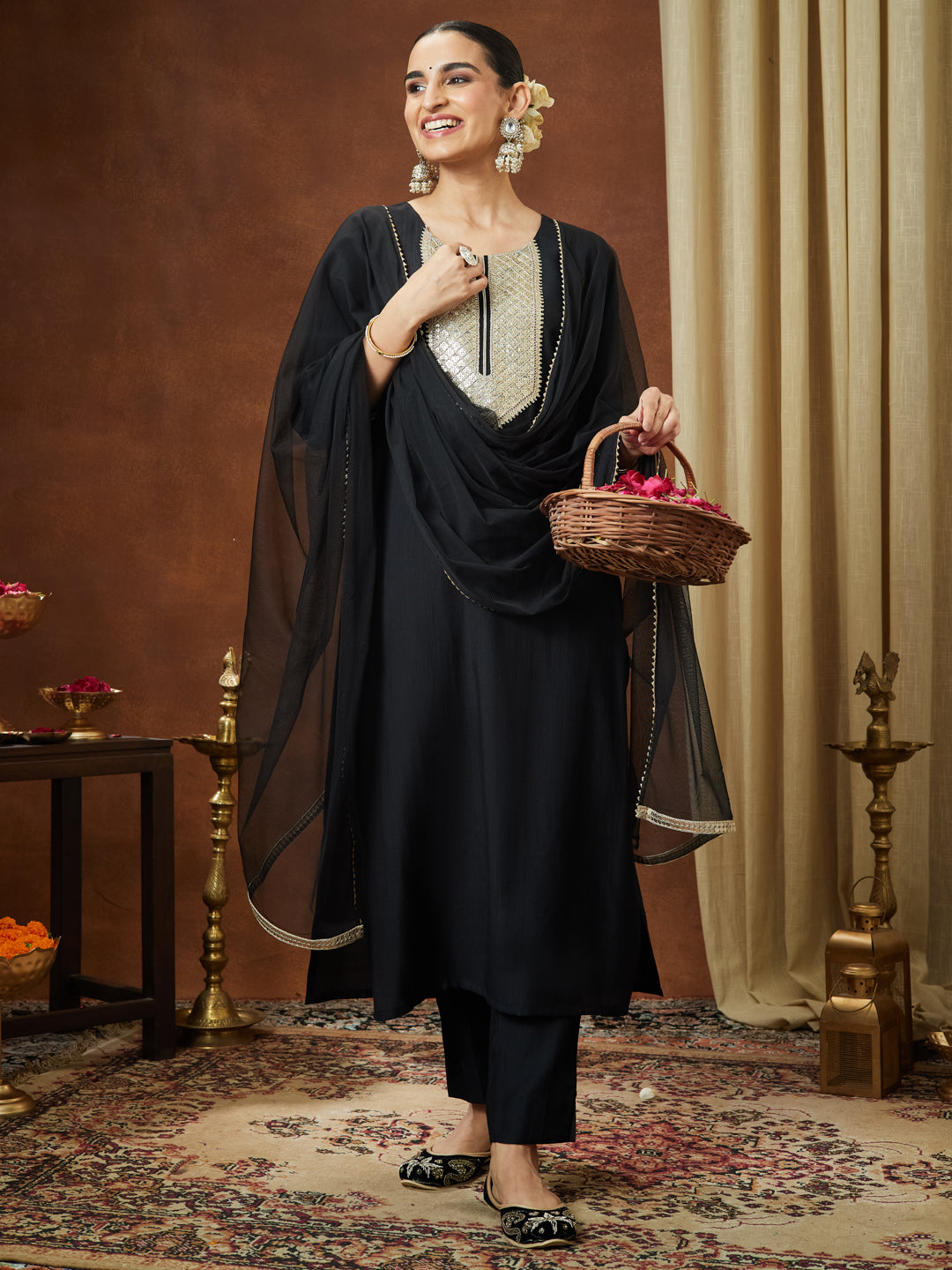 Ninnique Women's Black Silk Blend Embellished Yoke Design Straight Kurta Set