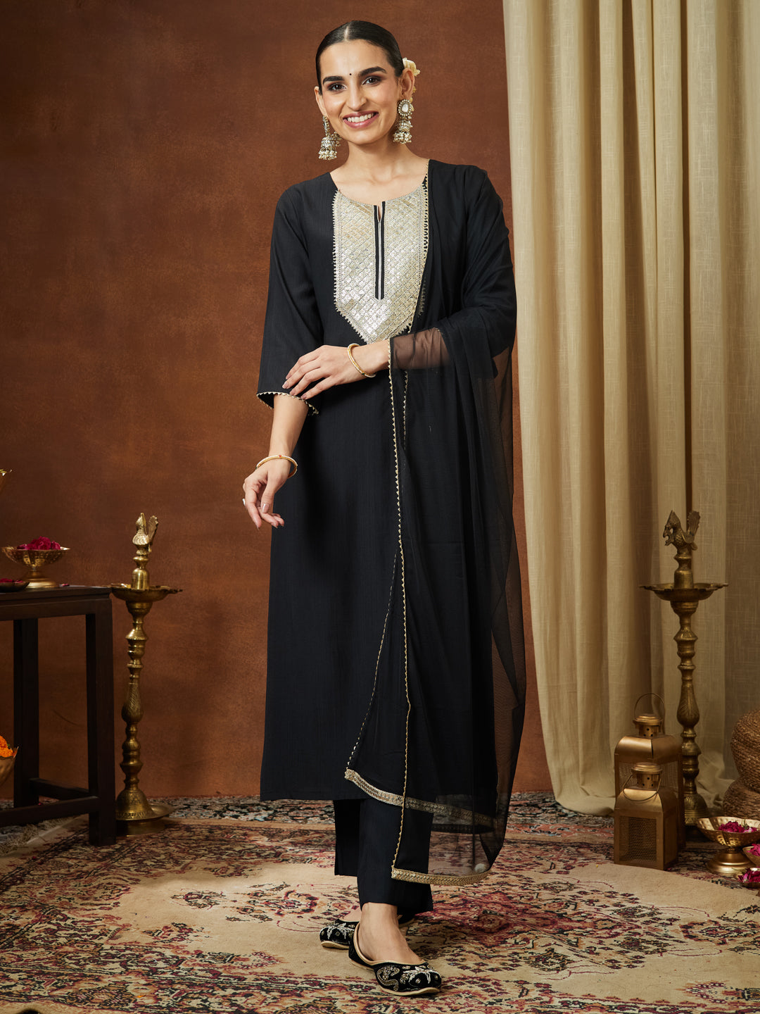 Ninnique Women's Black Silk Blend Embellished Yoke Design Straight Kurta Set
