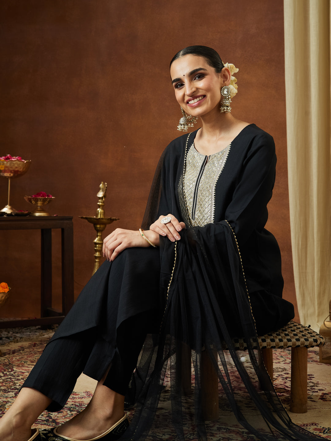 Ninnique Women's Black Silk Blend Embellished Yoke Design Straight Kurta Set