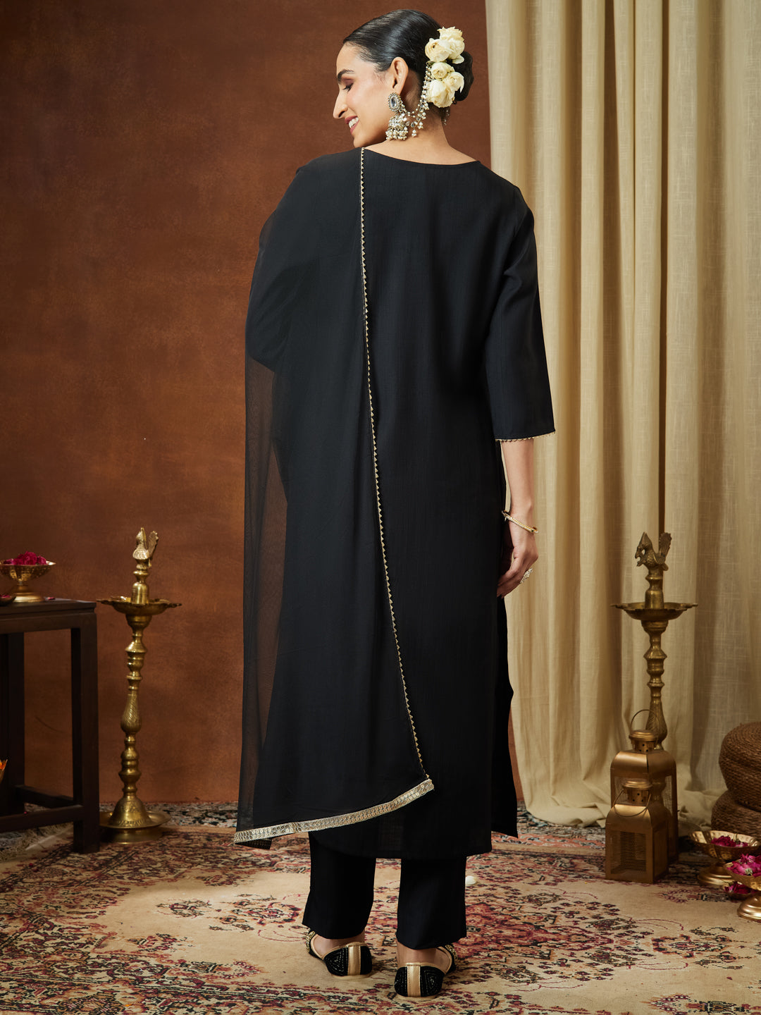 Ninnique Women's Black Silk Blend Embellished Yoke Design Straight Kurta Set