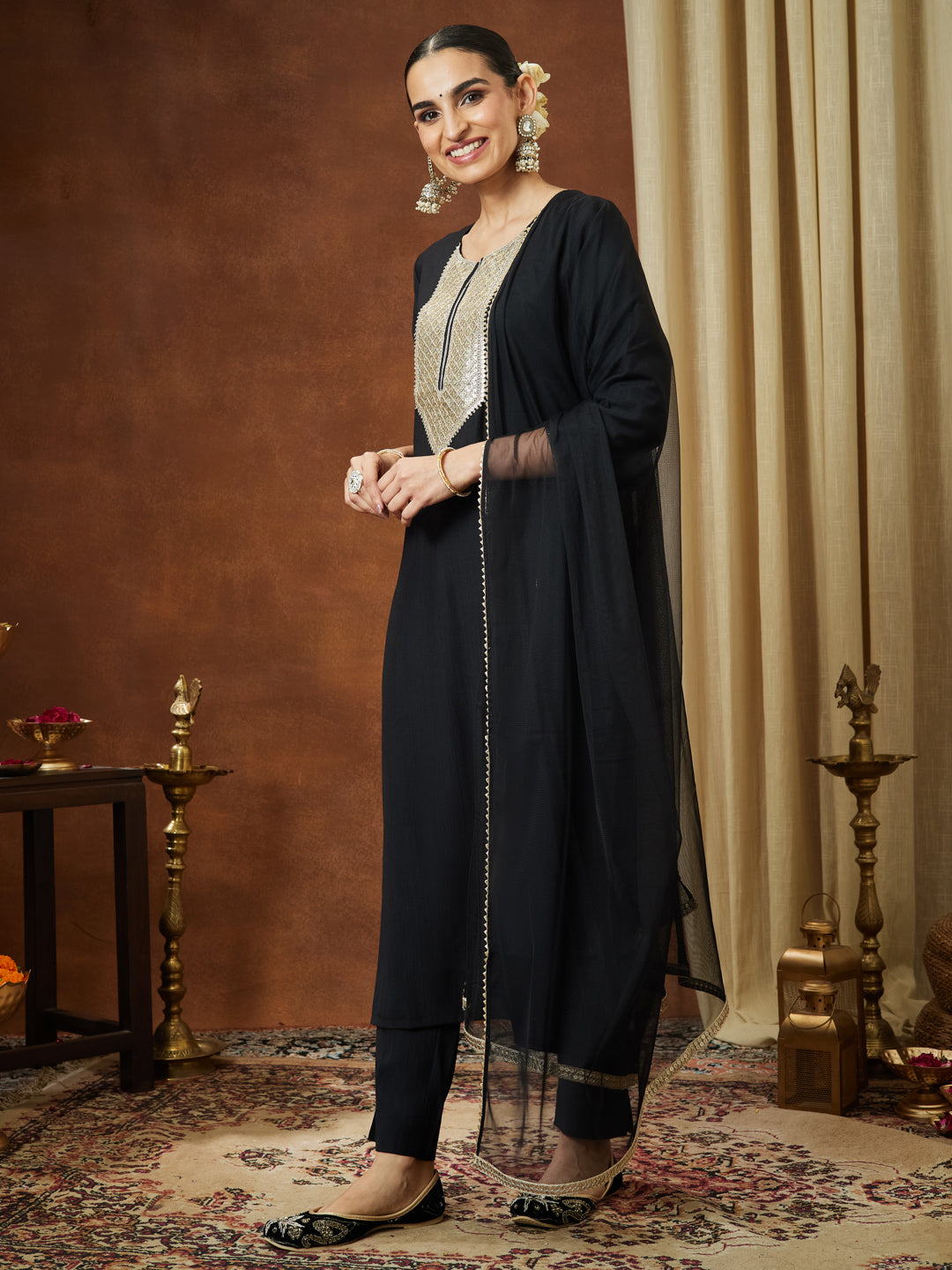 Ninnique Women's Black Silk Blend Embellished Yoke Design Straight Kurta Set