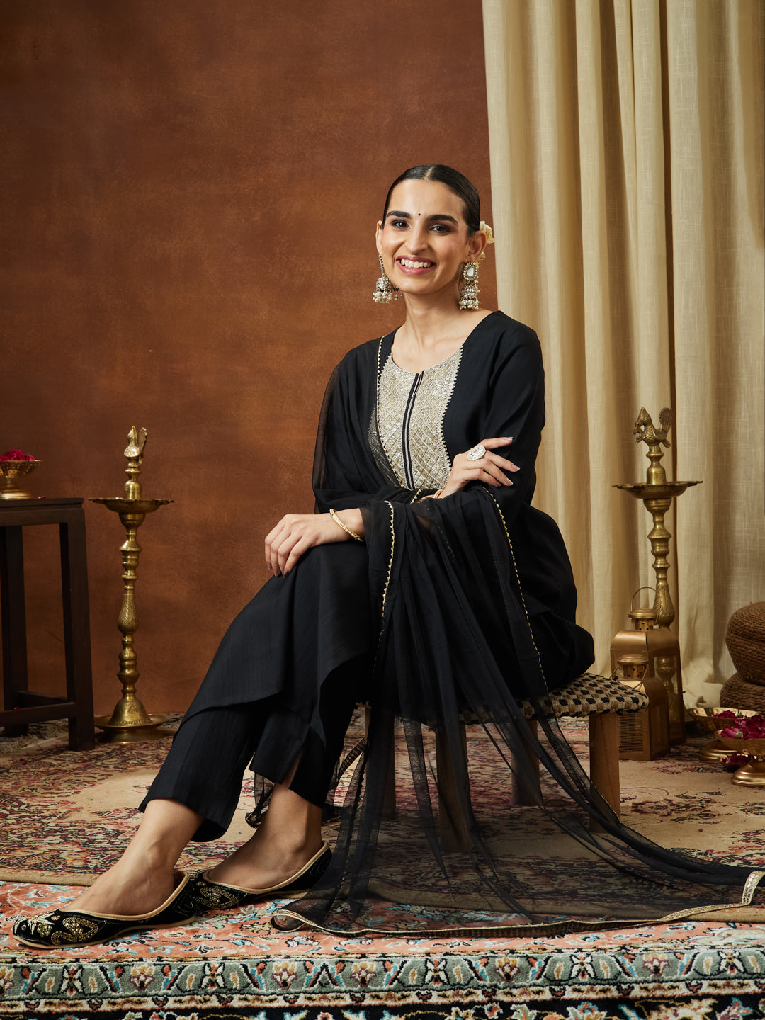 Ninnique Women's Black Silk Blend Embellished Yoke Design Straight Kurta Set