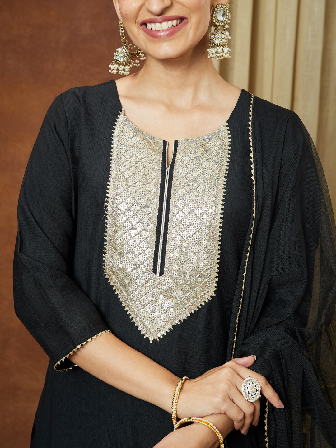 Ninnique Women's Black Silk Blend Embellished Yoke Design Straight Kurta Set