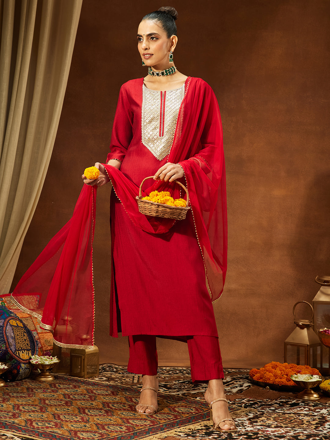 Ninnique Women's Maroon Silk Blend Embellished Straight Kurta Set