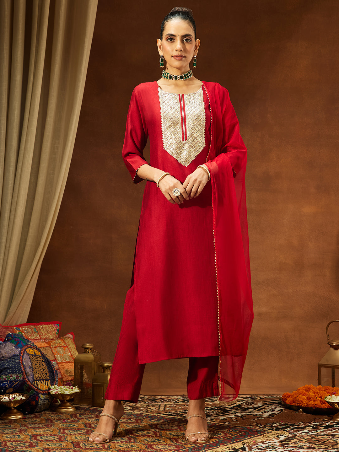 Ninnique Women's Maroon Silk Blend Embellished Straight Kurta Set