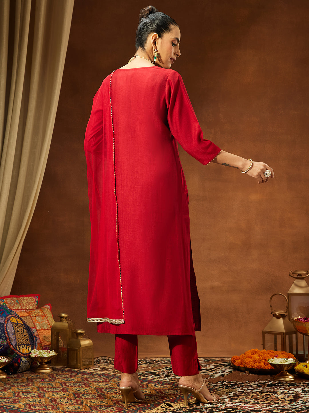 Ninnique Women's Maroon Silk Blend Embellished Straight Kurta Set