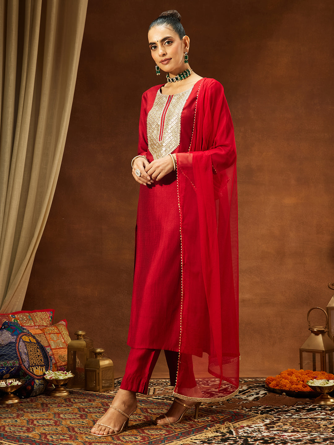 Ninnique Women's Maroon Silk Blend Embellished Straight Kurta Set