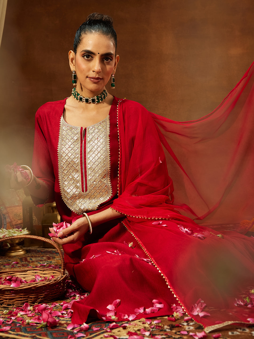 Ninnique Women's Maroon Silk Blend Embellished Straight Kurta Set