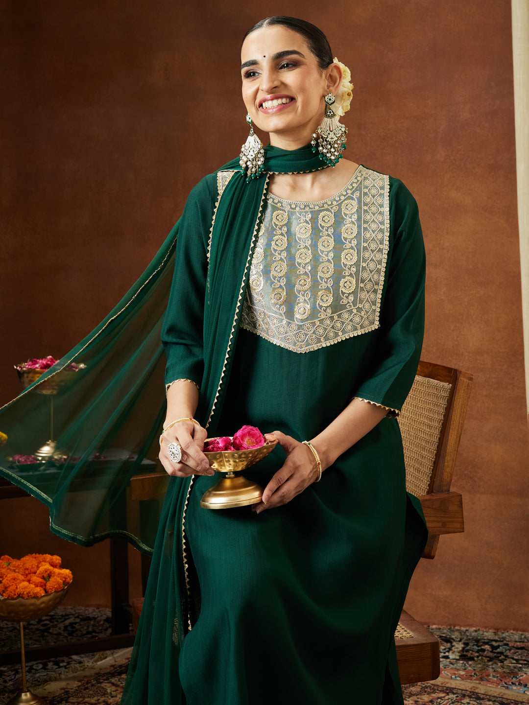 Ninnique Women's Bottle Green Silk Blend Embellished Yoke Design Straight Kurta Set
