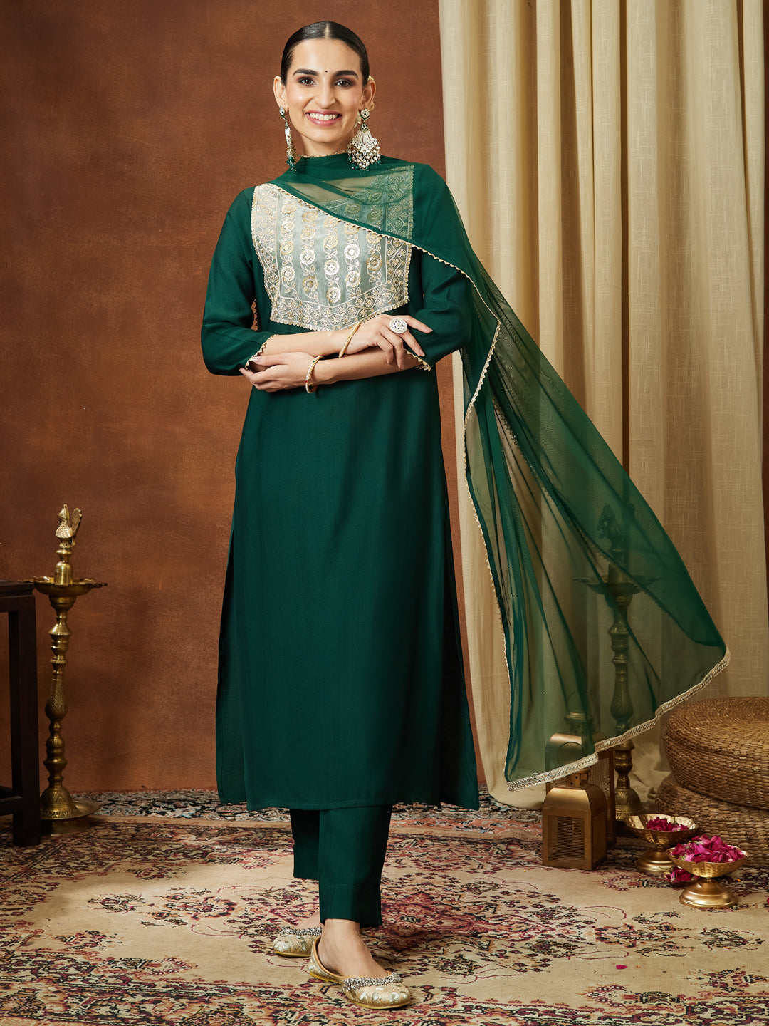Ninnique Women's Bottle Green Silk Blend Embellished Yoke Design Straight Kurta Set
