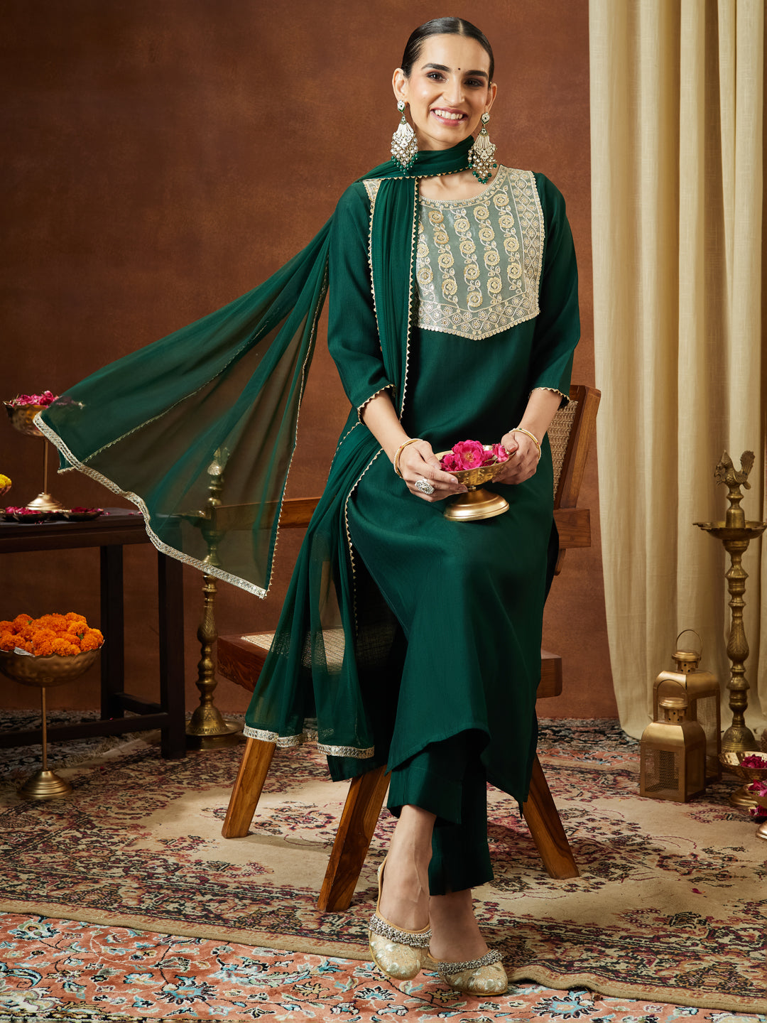 Ninnique Women's Bottle Green Silk Blend Embellished Yoke Design Straight Kurta Set
