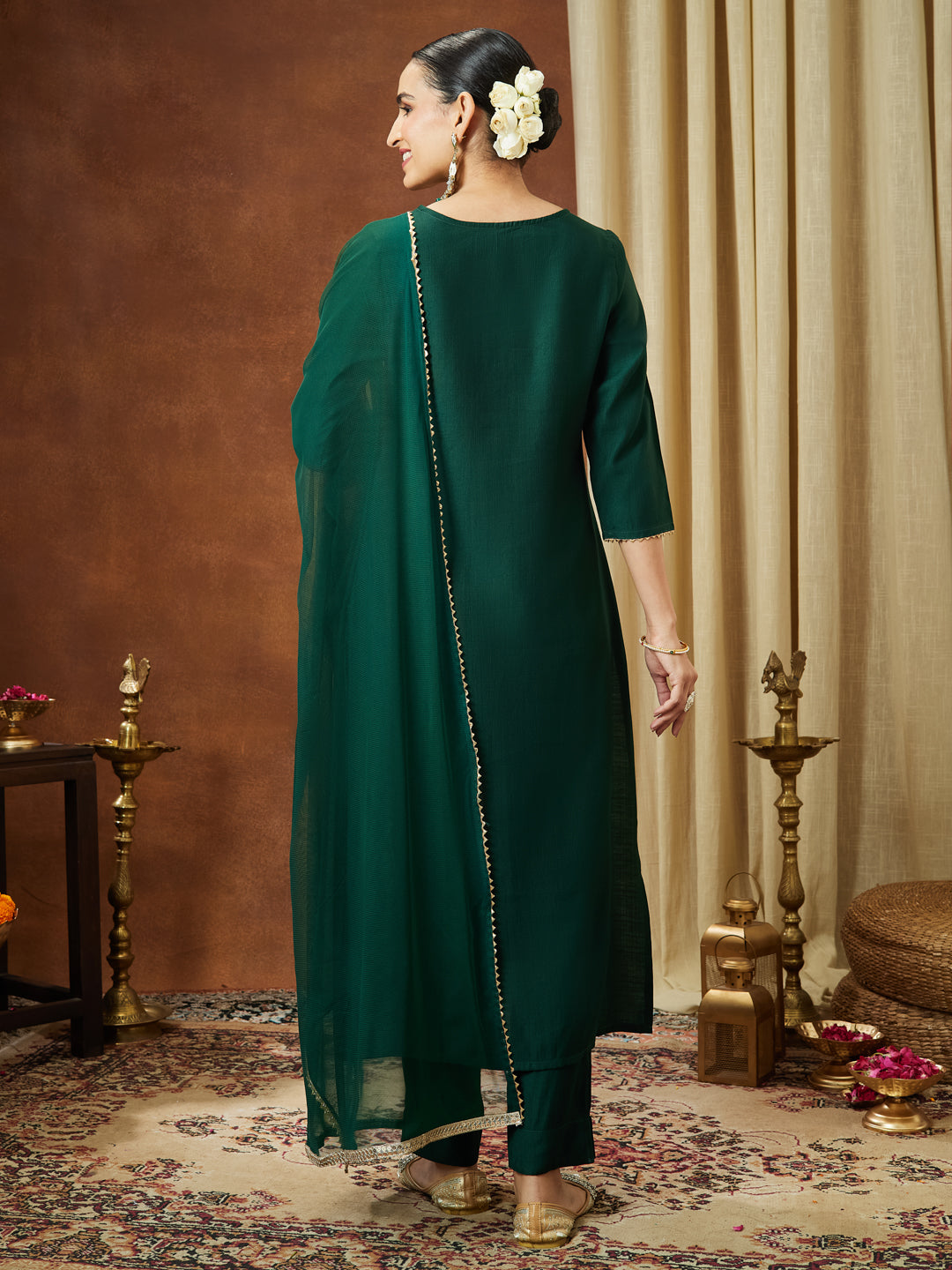 Ninnique Women's Bottle Green Silk Blend Embellished Yoke Design Straight Kurta Set