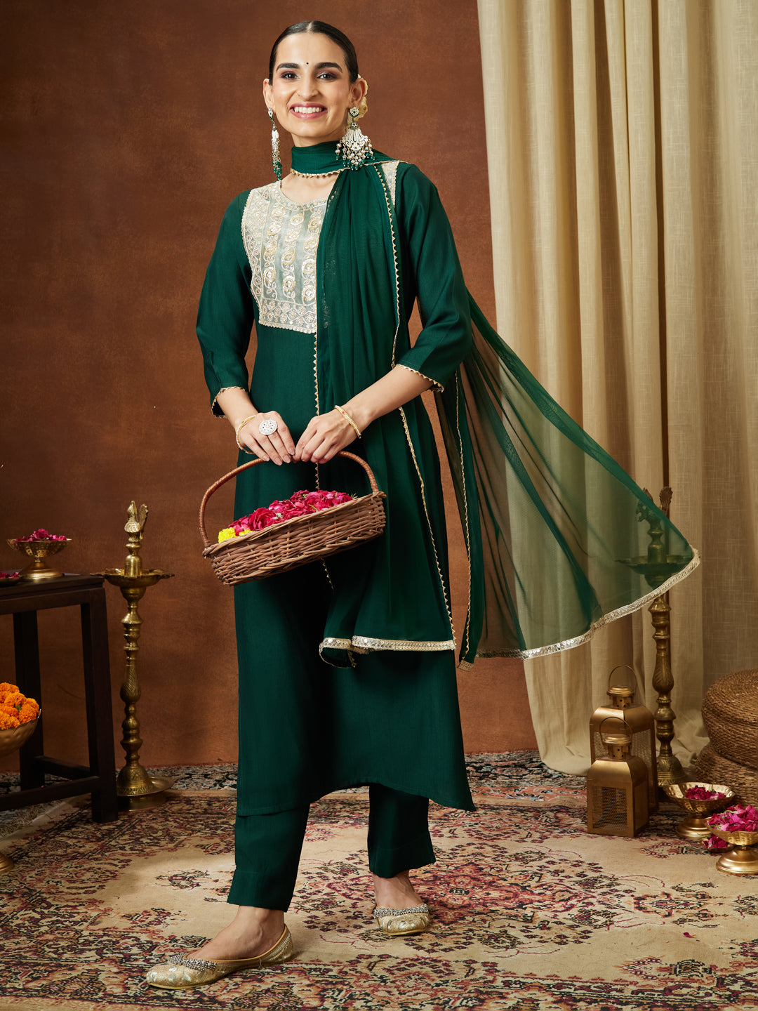 Ninnique Women's Bottle Green Silk Blend Embellished Yoke Design Straight Kurta Set