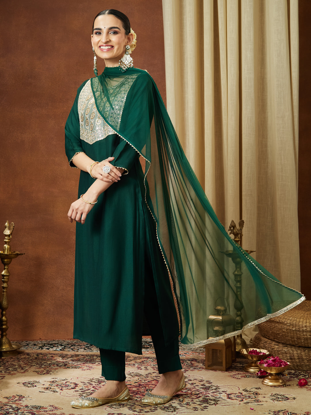 Ninnique Women's Bottle Green Silk Blend Embellished Yoke Design Straight Kurta Set