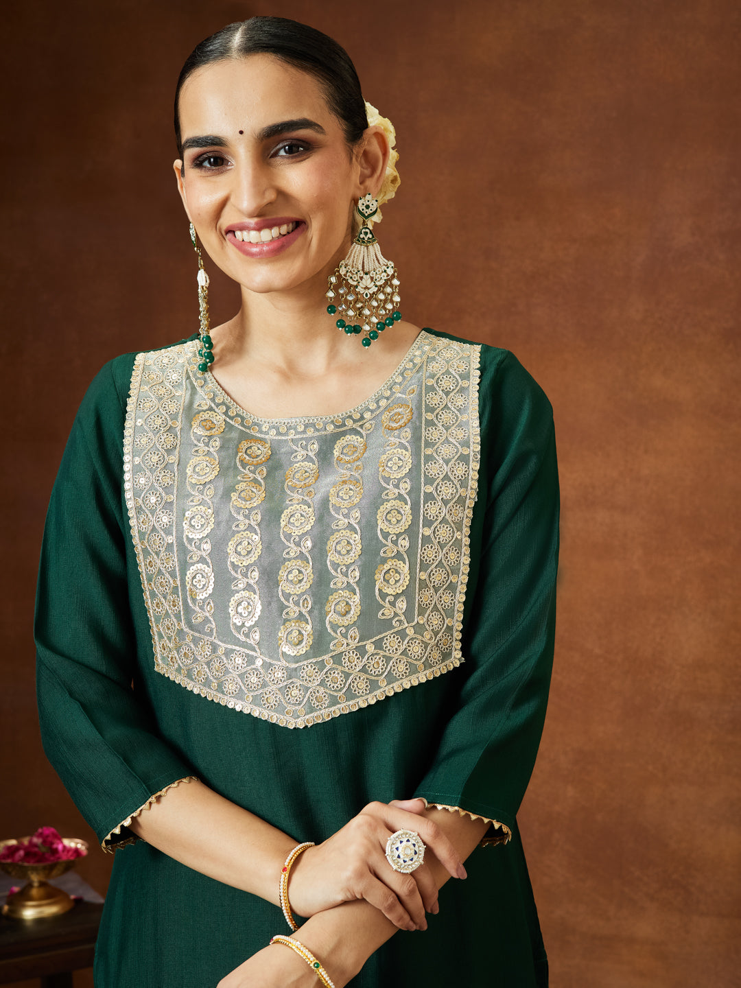 Ninnique Women's Bottle Green Silk Blend Embellished Yoke Design Straight Kurta Set