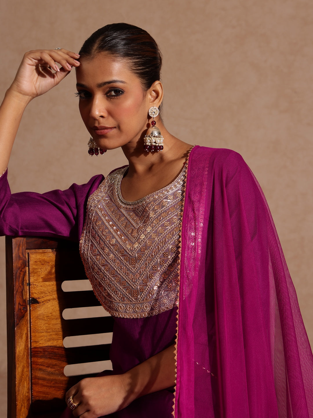 Ninnique Women's Purple Silk Blend Zari Yoke Embroidery Straight Kurta Set
