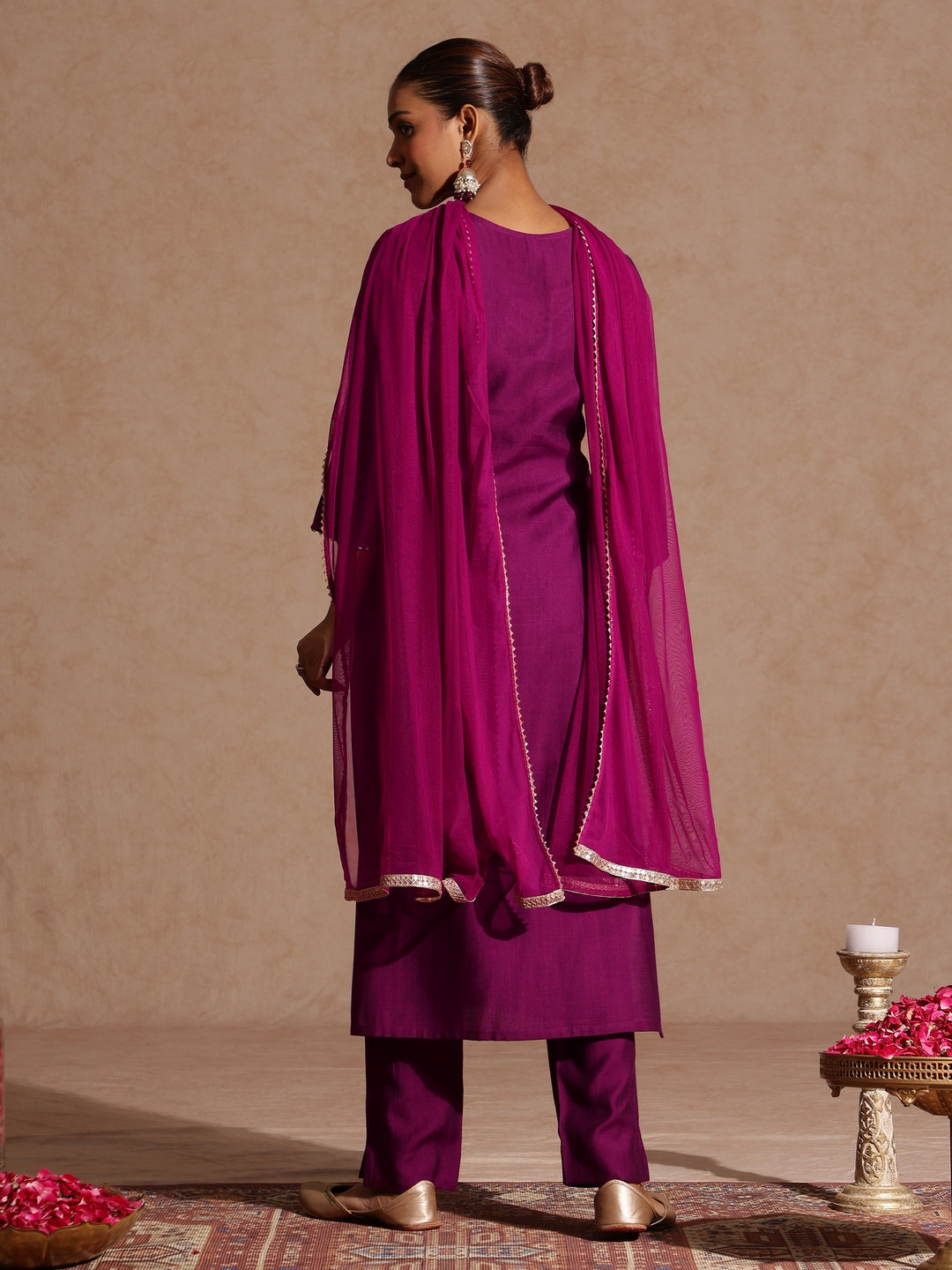 Ninnique Women's Purple Silk Blend Zari Yoke Embroidery Straight Kurta Set