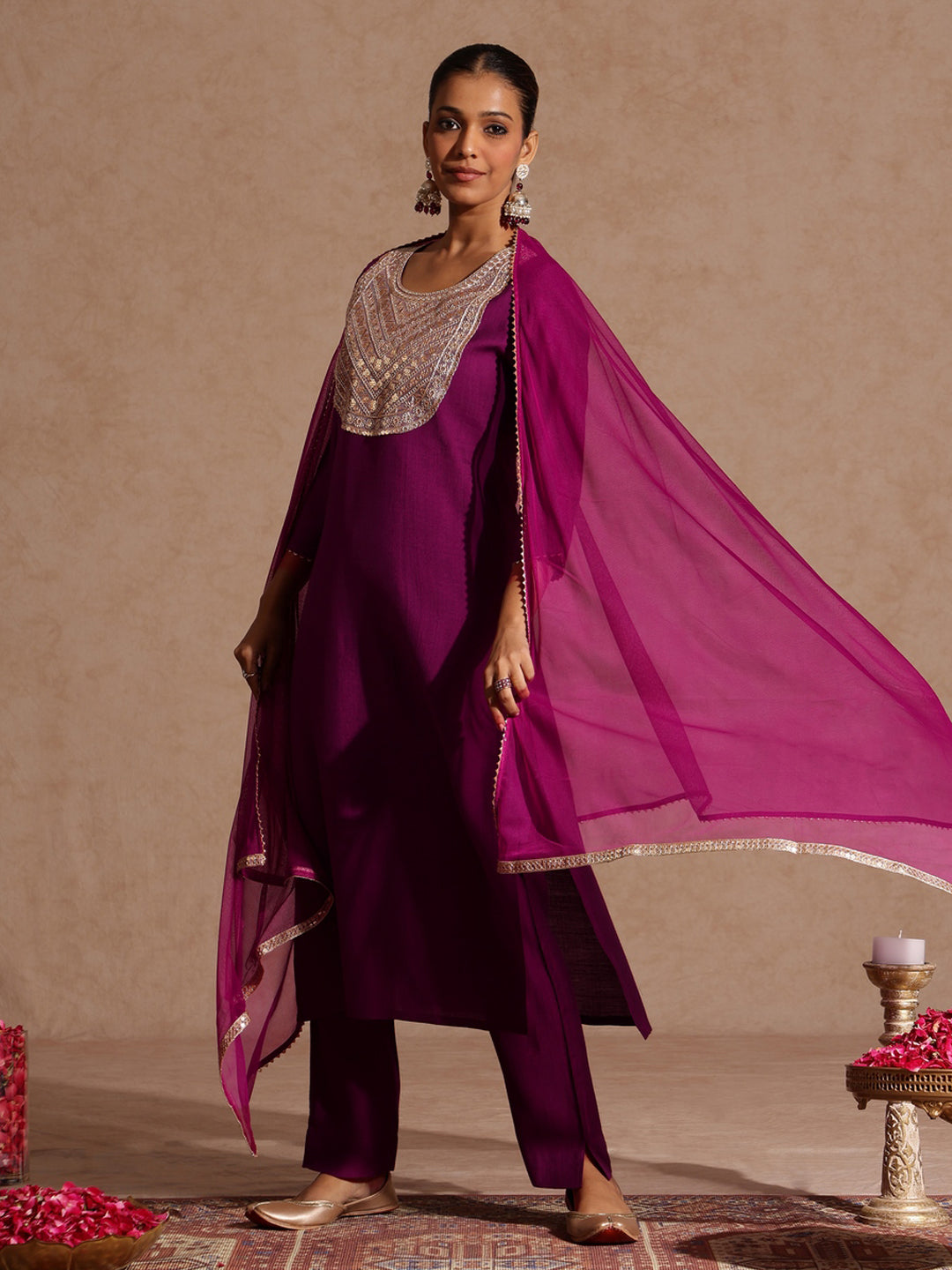Ninnique Women's Purple Silk Blend Zari Yoke Embroidery Straight Kurta Set