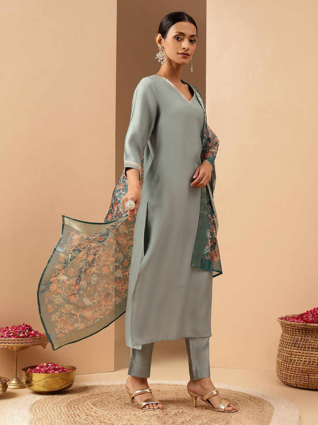 Ninnique Women's Powder Blue Silk Blend Embellished Straight Kurta Set With Printed Jacquard Dupatta