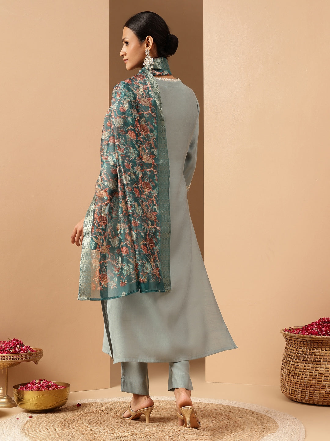 Ninnique Women's Powder Blue Silk Blend Embellished Straight Kurta Set With Printed Jacquard Dupatta