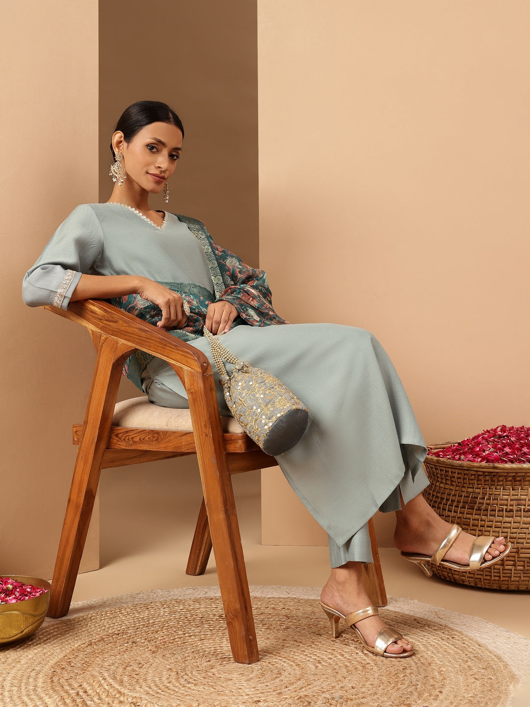 Ninnique Women's Powder Blue Silk Blend Embellished Straight Kurta Set With Printed Jacquard Dupatta