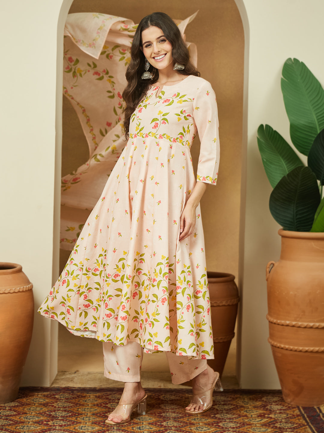 Ninnique Women's Peach Cotton Blend Floral Printed Anarkali Kurta Set
