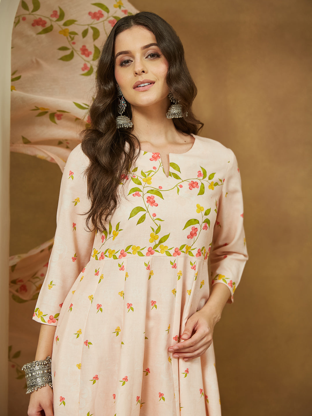 Ninnique Women's Peach Cotton Blend Floral Printed Anarkali Kurta Set