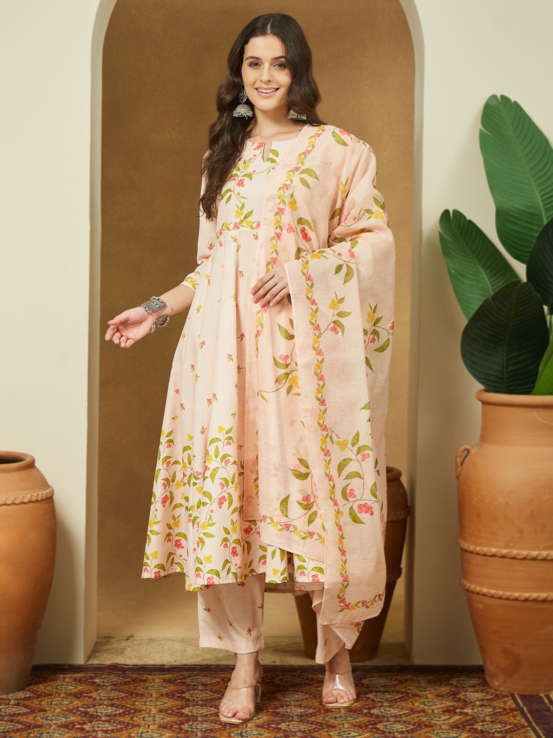 Ninnique Women's Peach Cotton Blend Floral Printed Anarkali Kurta Set