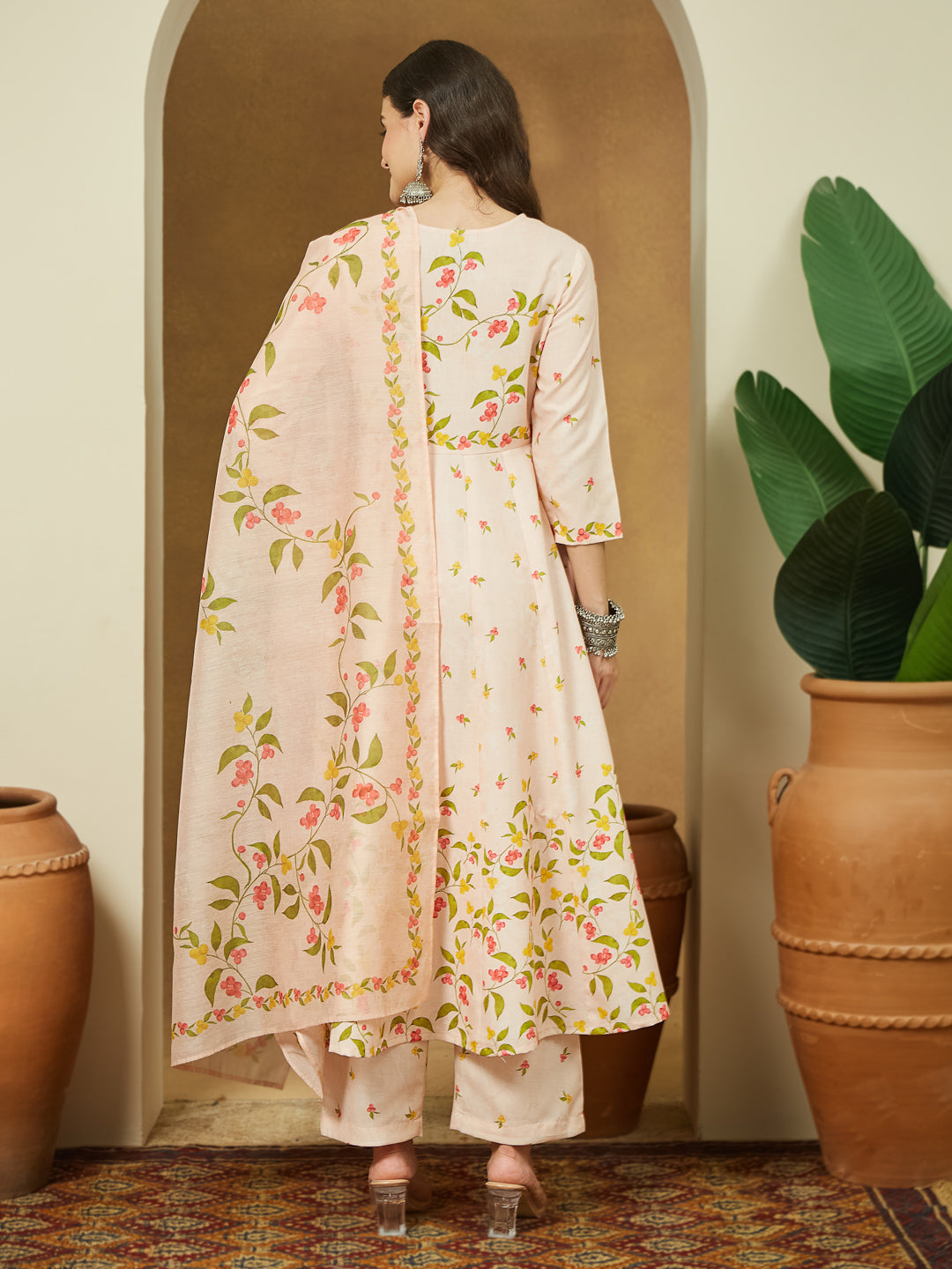 Ninnique Women's Peach Cotton Blend Floral Printed Anarkali Kurta Set