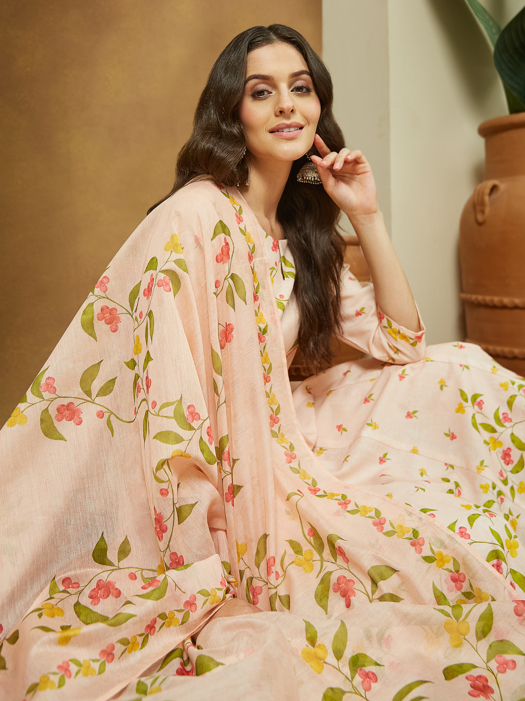 Ninnique Women's Peach Cotton Blend Floral Printed Anarkali Kurta Set