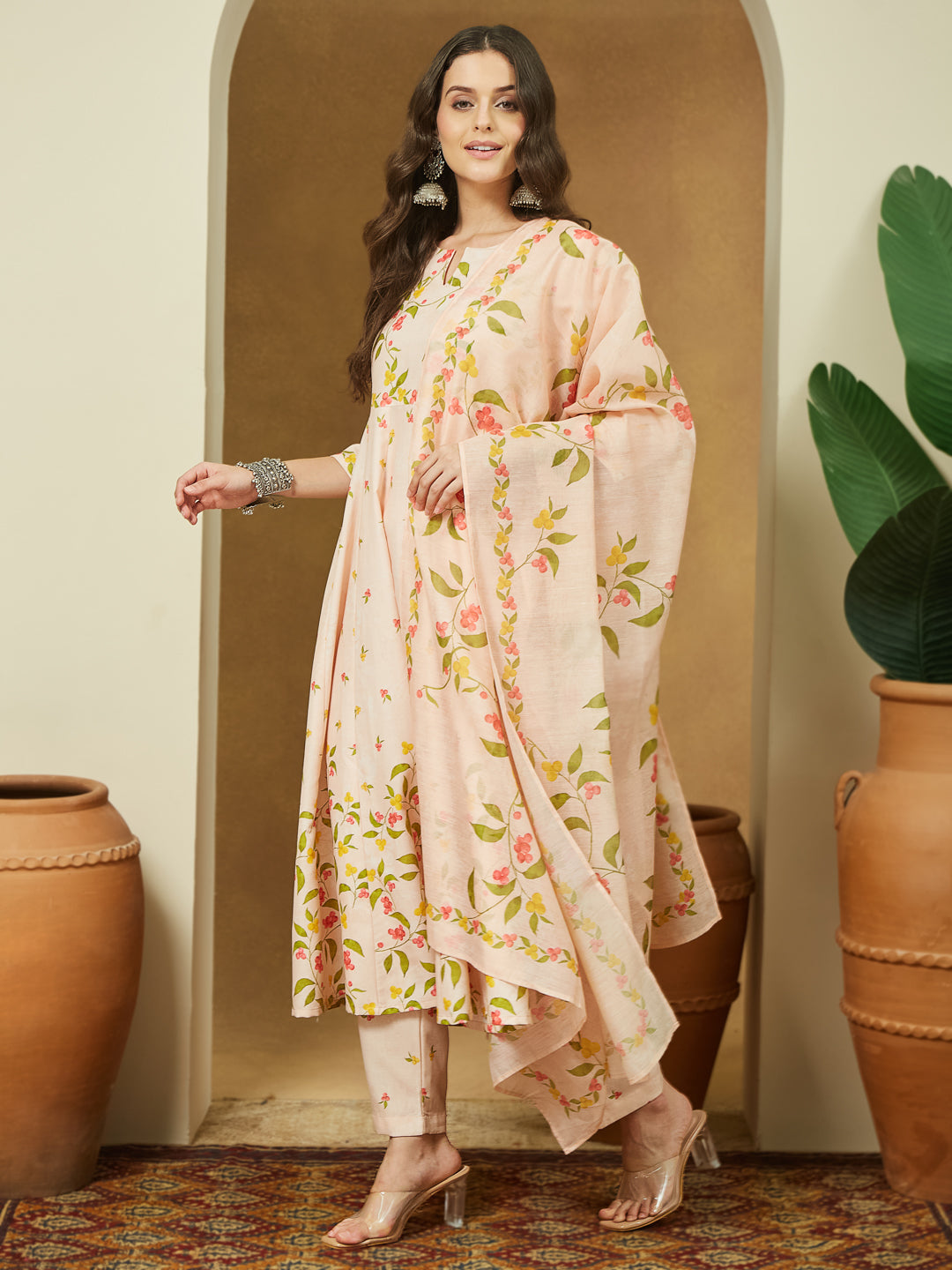 Ninnique Women's Peach Cotton Blend Floral Printed Anarkali Kurta Set