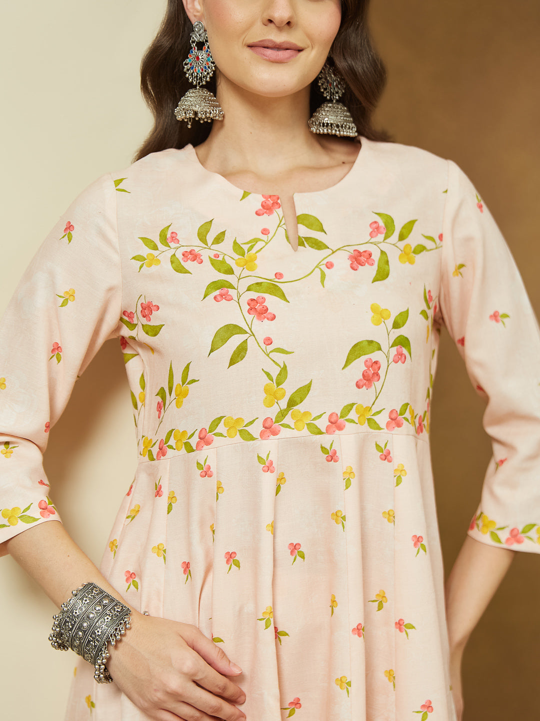 Ninnique Women's Peach Cotton Blend Floral Printed Anarkali Kurta Set