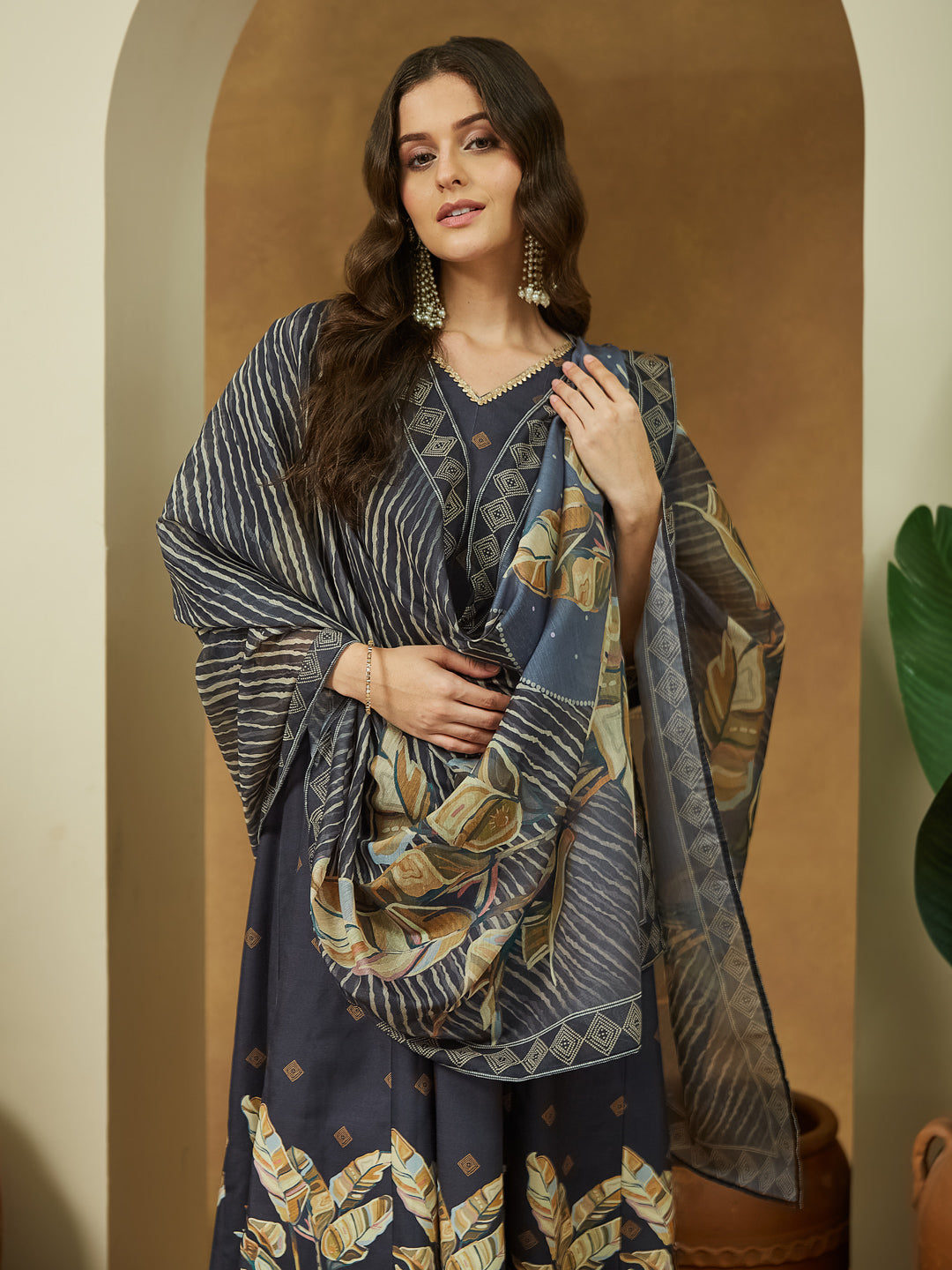 Ninnique Women's Black Cotton Blend Embllished A-line Kurta Set