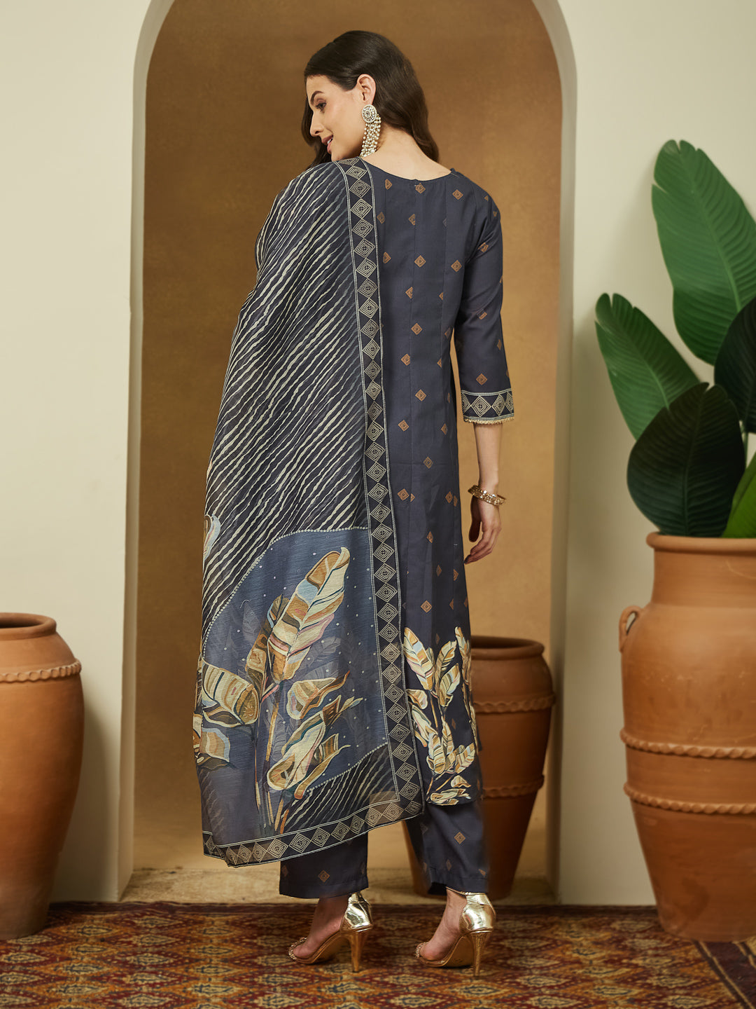 Ninnique Women's Black Cotton Blend Embllished A-line Kurta Set