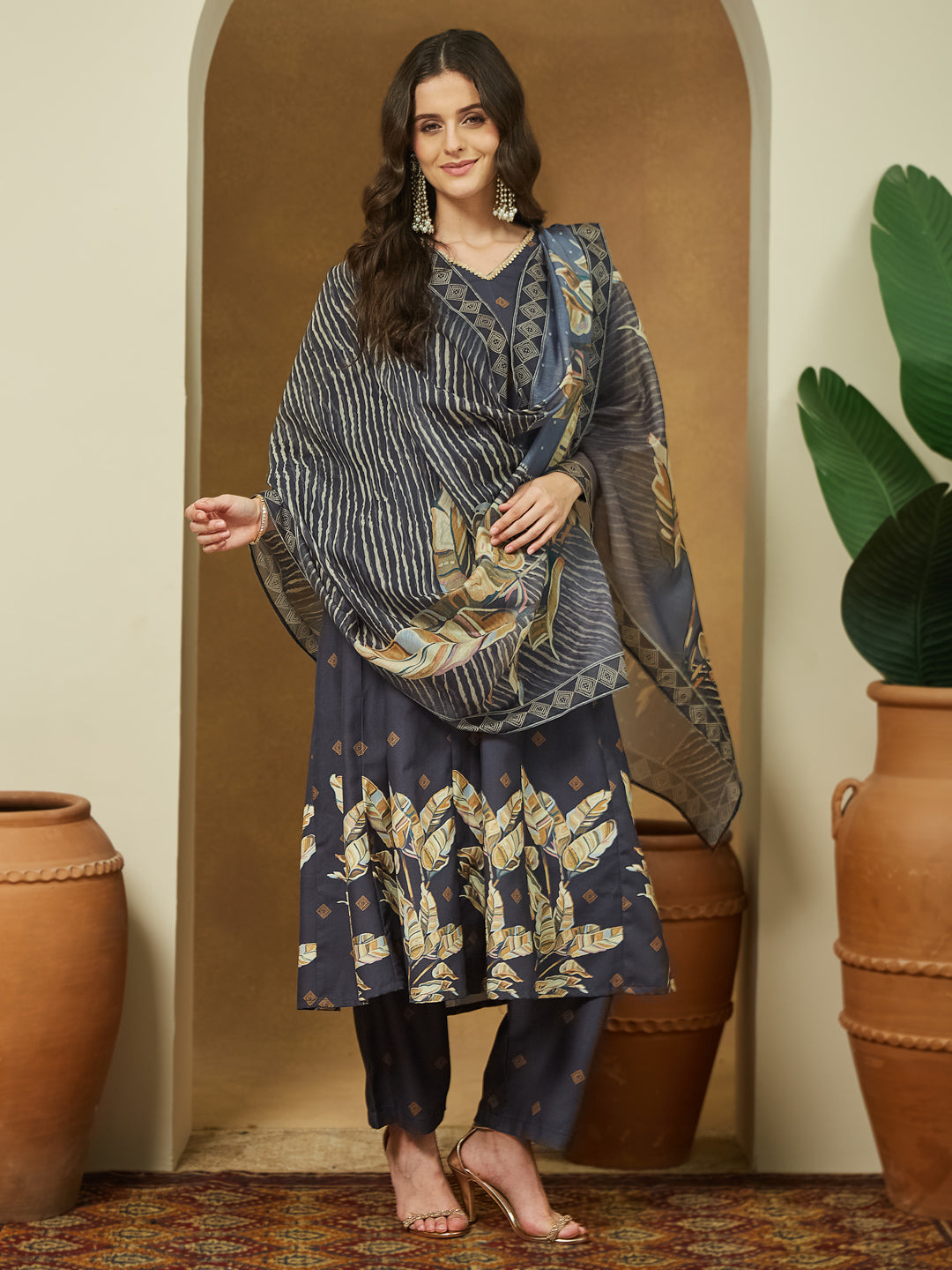Ninnique Women's Black Cotton Blend Embllished A-line Kurta Set