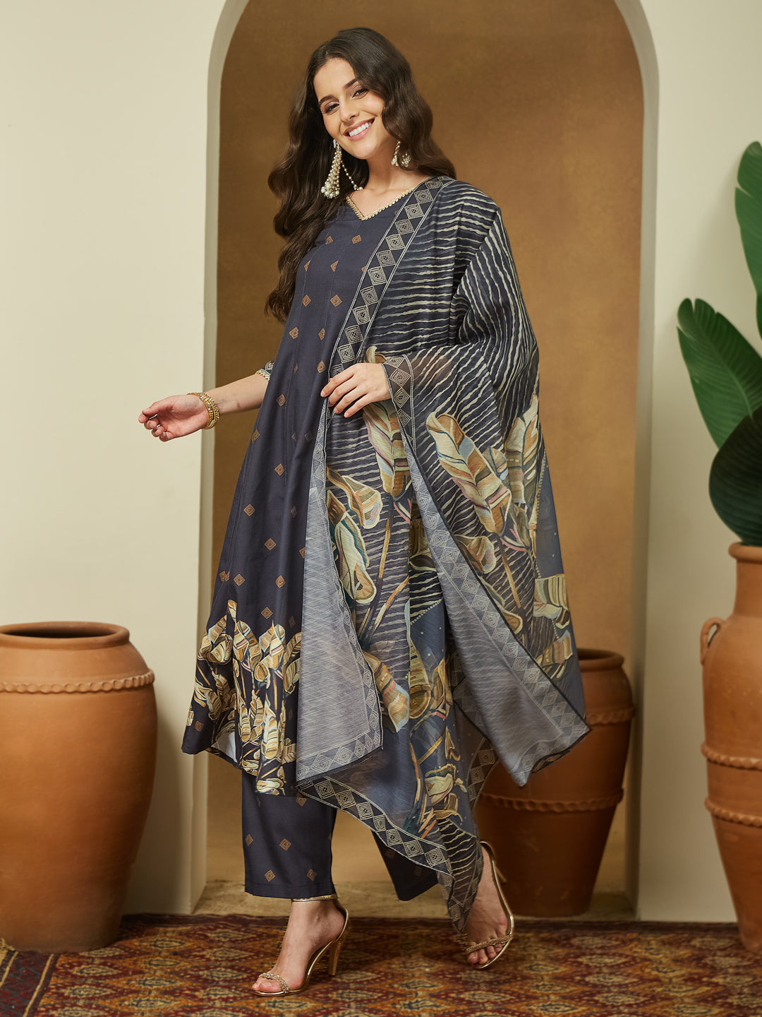 Ninnique Women's Black Cotton Blend Embllished A-line Kurta Set