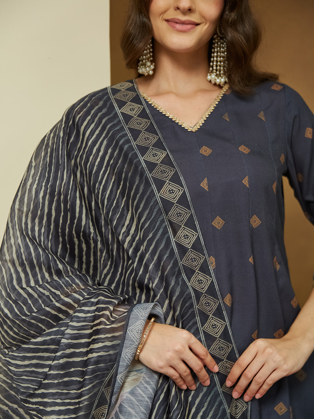 Ninnique Women's Black Cotton Blend Embllished A-line Kurta Set