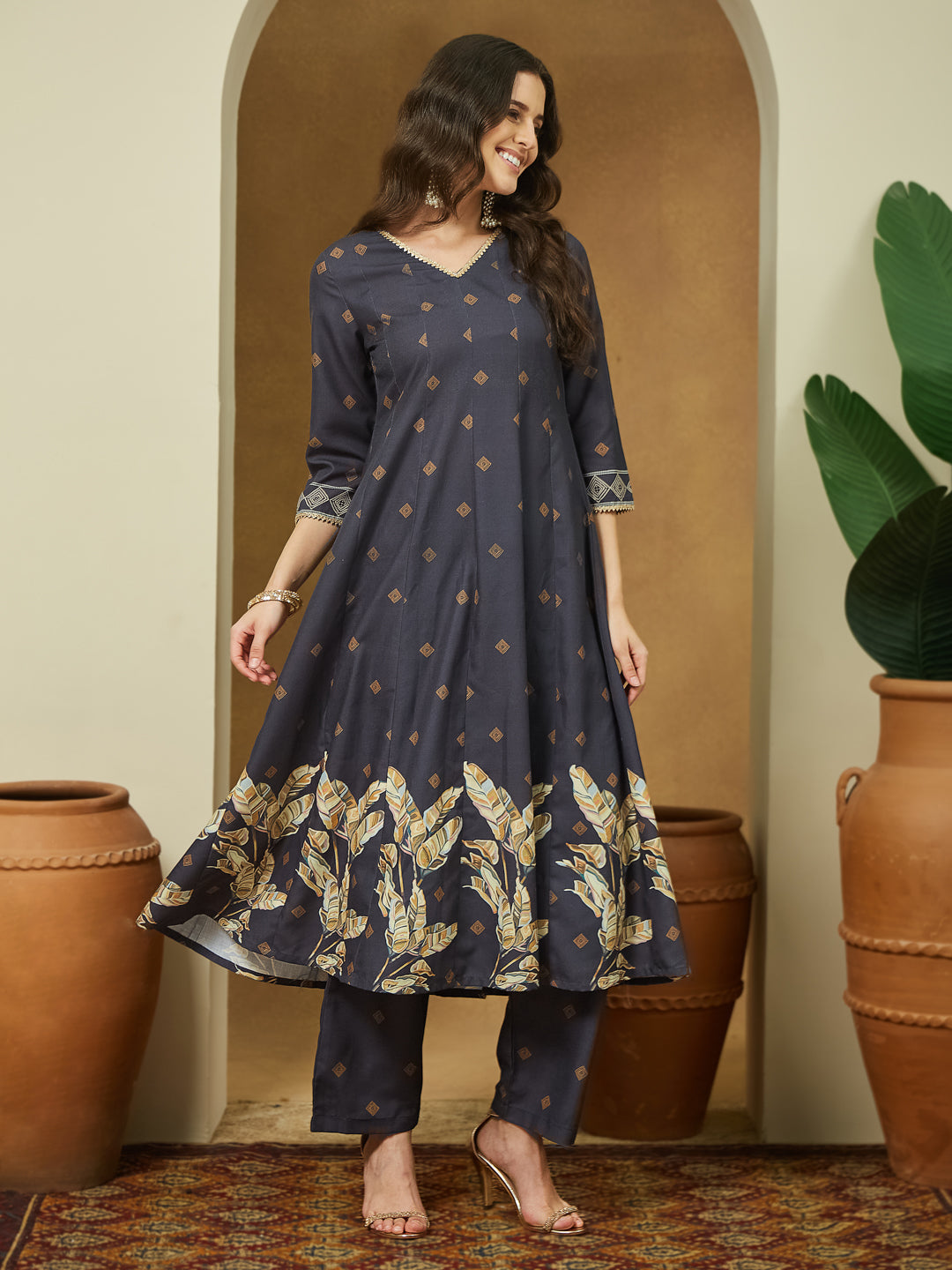 Ninnique Women's Black Cotton Blend Embllished A-line Kurta Set