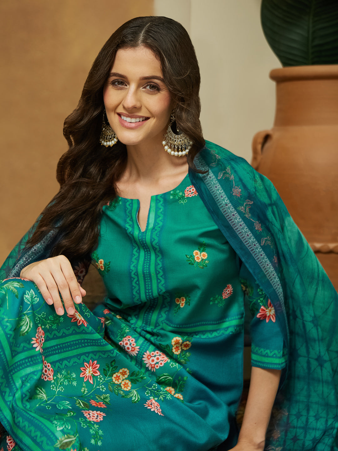 Ninnique Women's Teal Blue Cotton Blend Floral Printed Straight Kurta Set