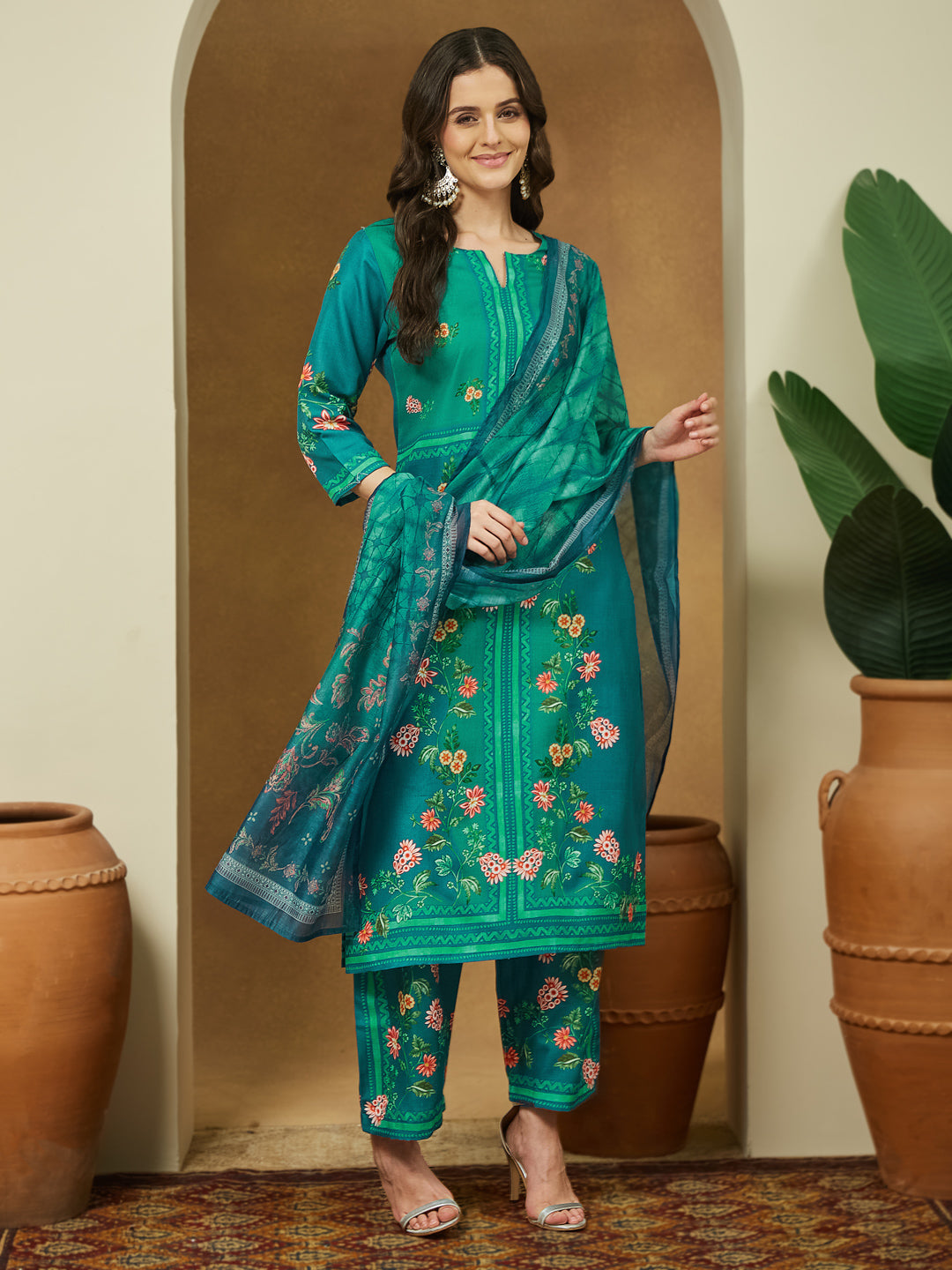 Ninnique Women's Teal Blue Cotton Blend Floral Printed Straight Kurta Set