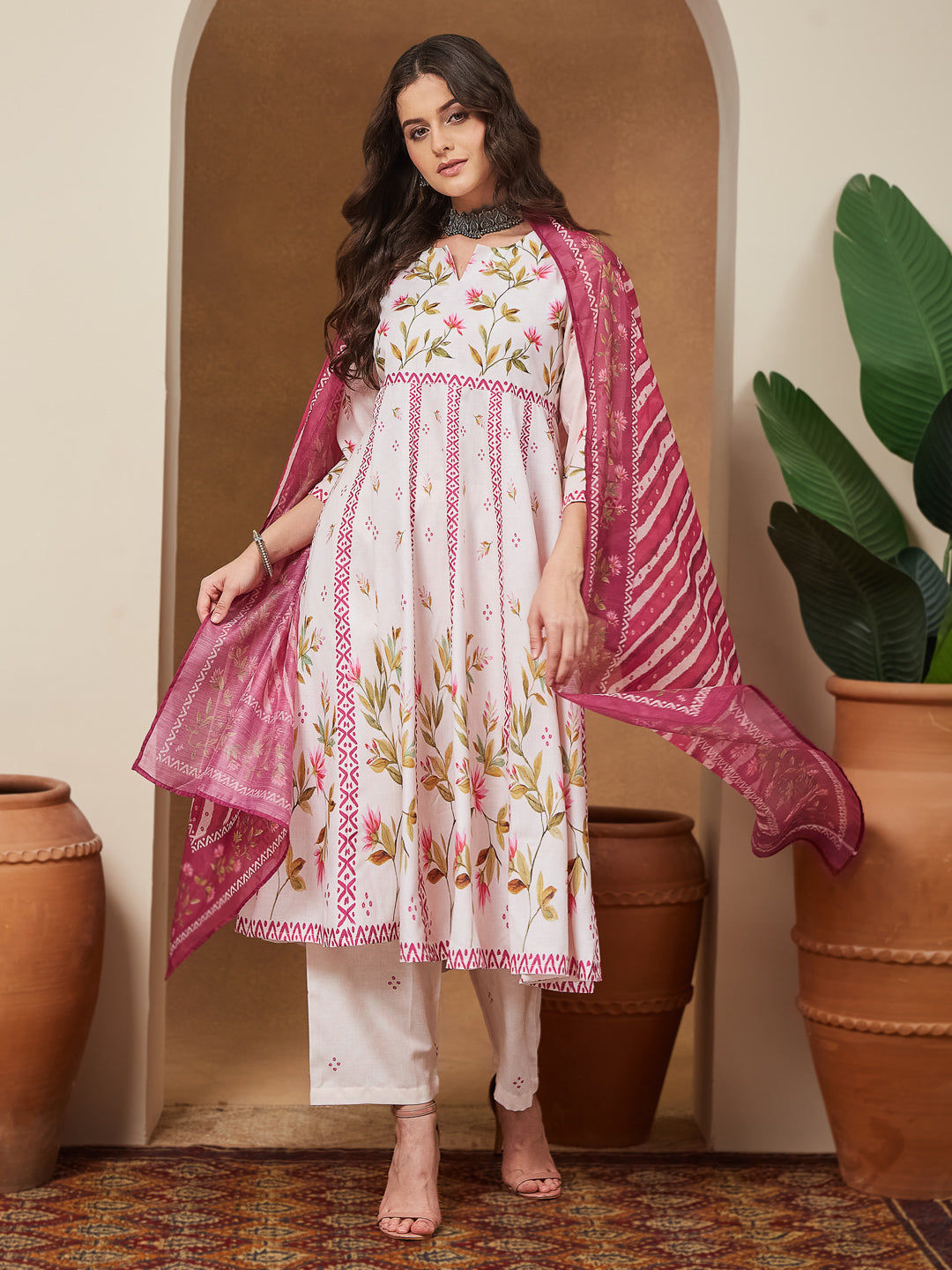 Ninnique Women's Cream Cotton Blend Floral Printed Anarkali Kurta Set