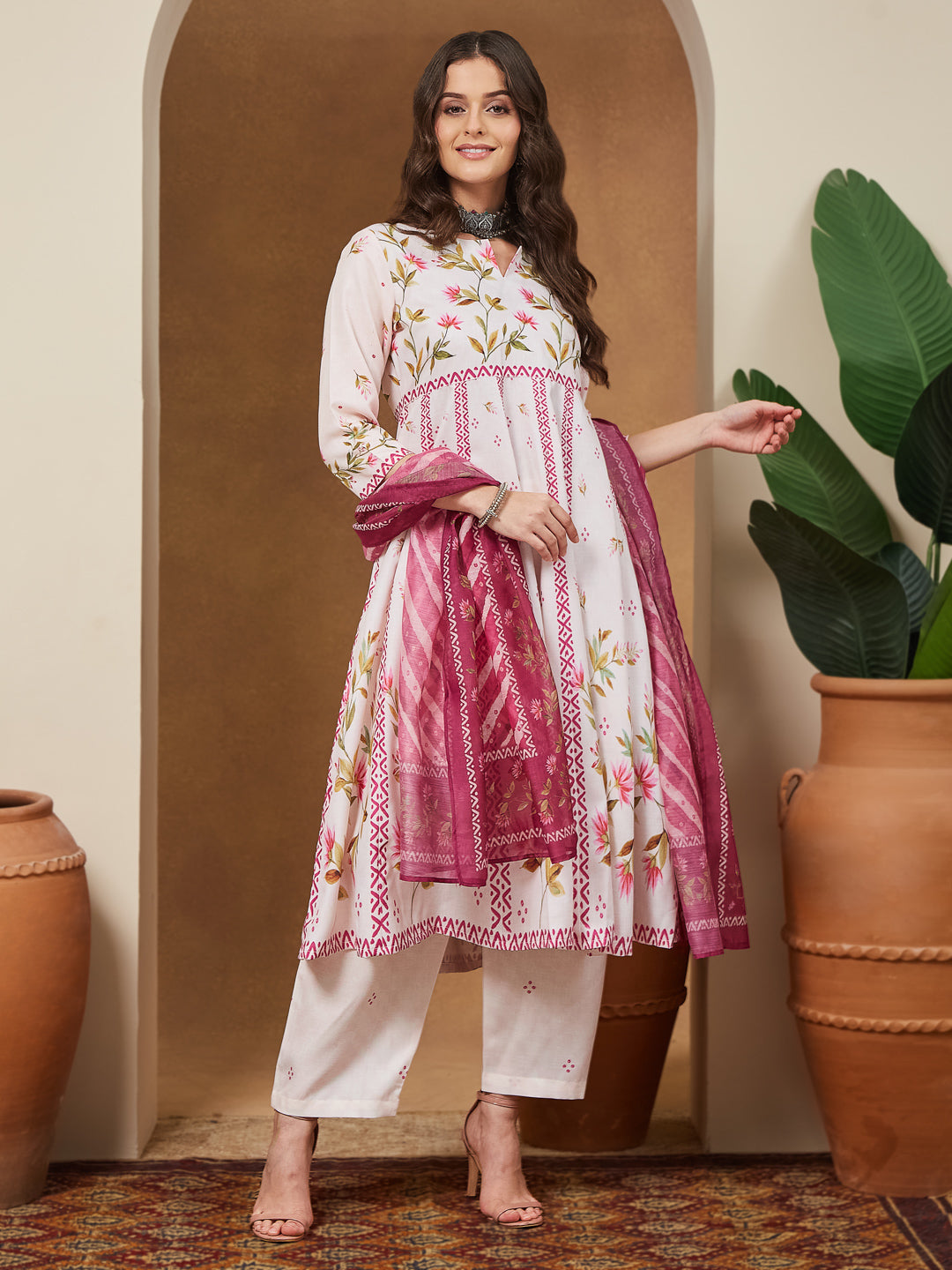 Ninnique Women's Cream Cotton Blend Floral Printed Anarkali Kurta Set