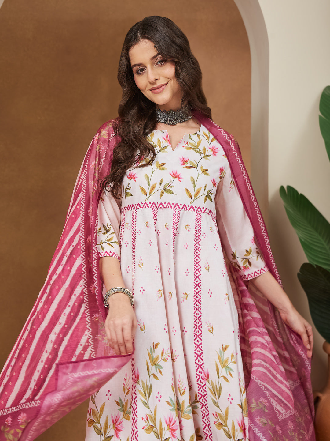 Ninnique Women's Cream Cotton Blend Floral Printed Anarkali Kurta Set