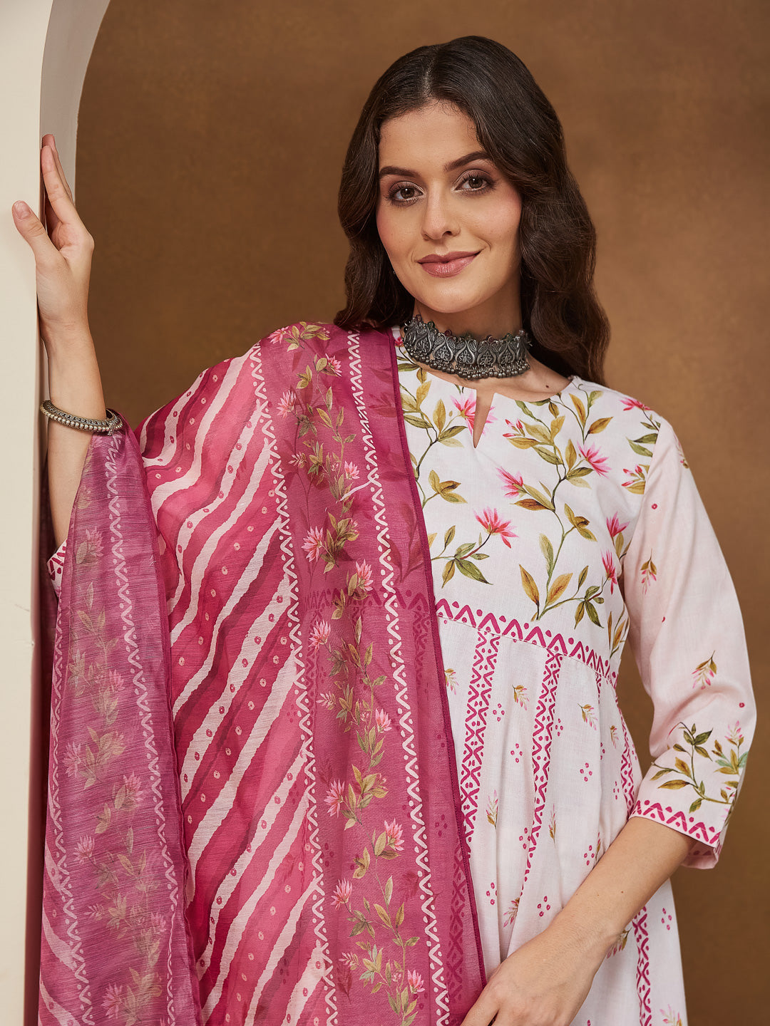 Ninnique Women's Cream Cotton Blend Floral Printed Anarkali Kurta Set