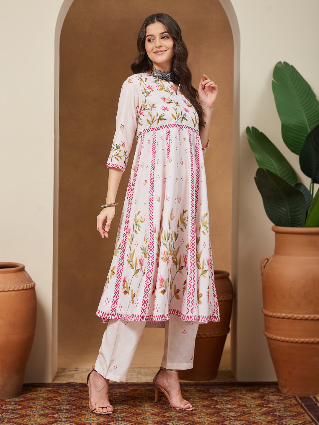 Ninnique Women's Cream Cotton Blend Floral Printed Anarkali Kurta Set