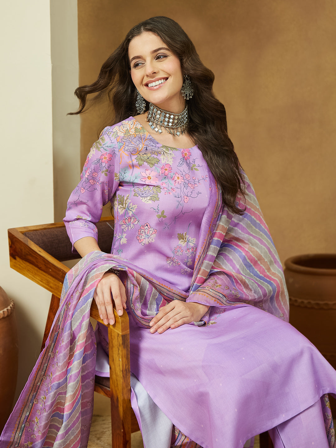 Ninnique Women's Lavender Cotton Blend Floral Printed Straight Kurta Set
