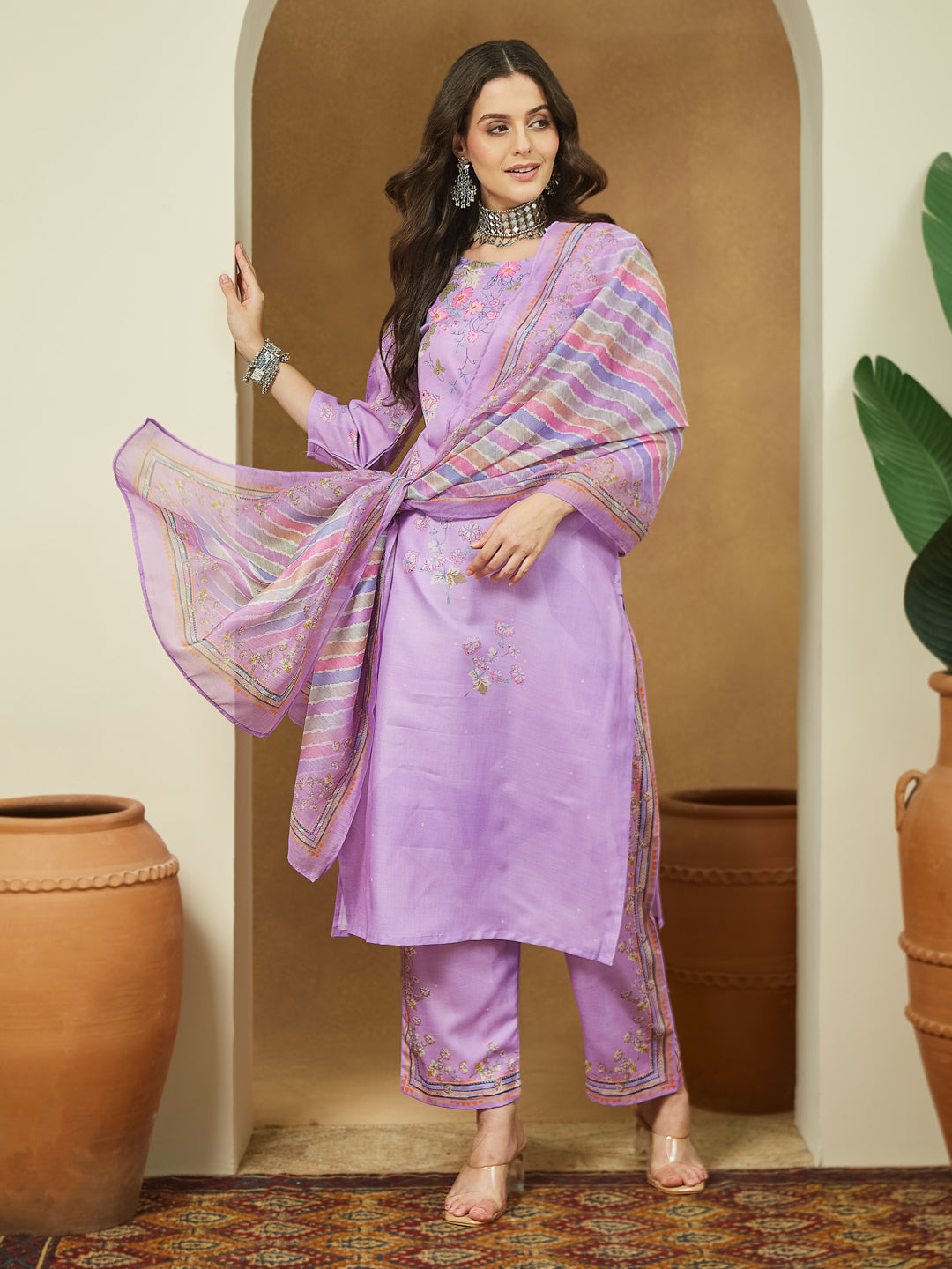 Ninnique Women's Lavender Cotton Blend Floral Printed Straight Kurta Set