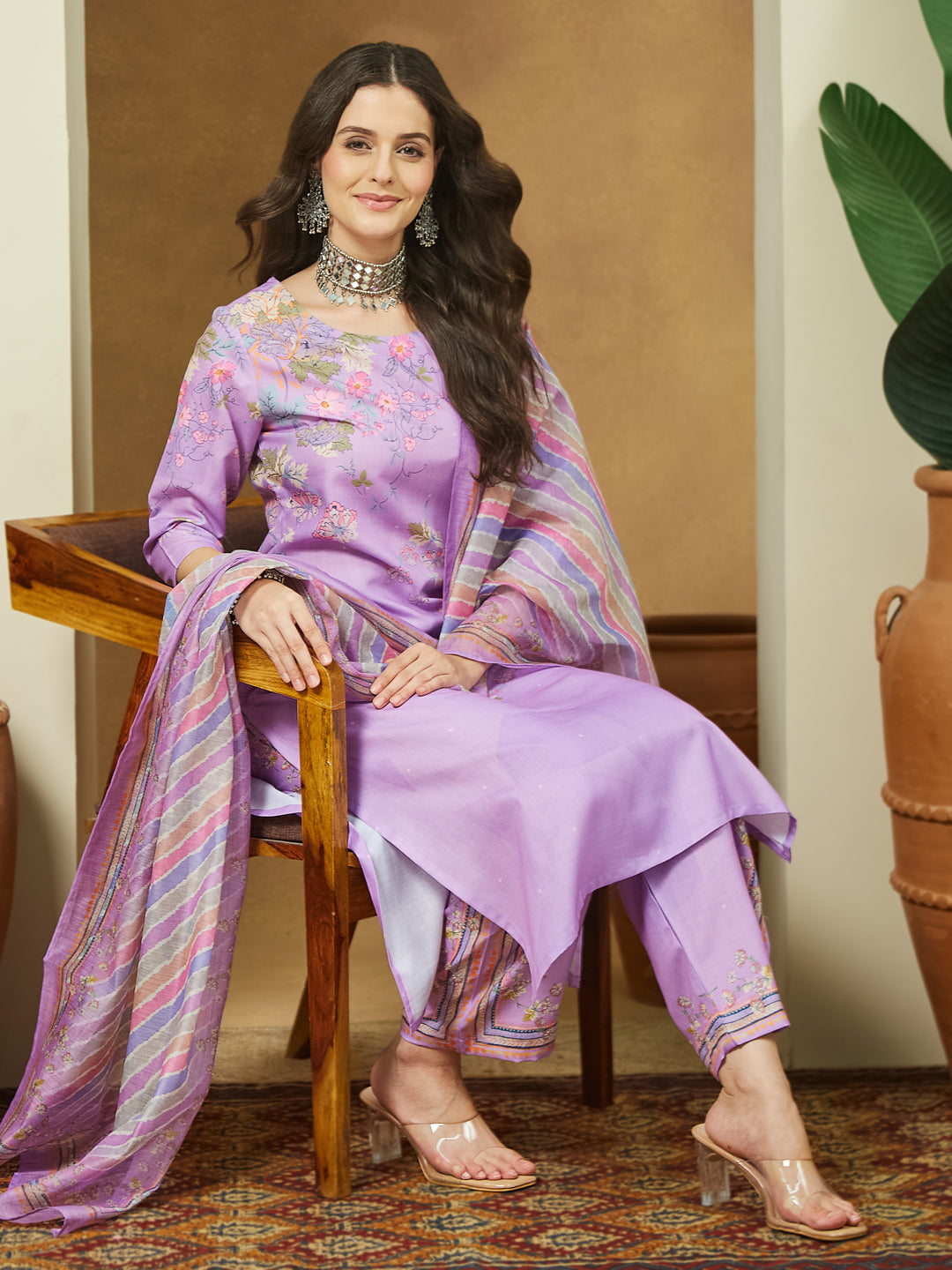 Ninnique Women's Lavender Cotton Blend Floral Printed Straight Kurta Set